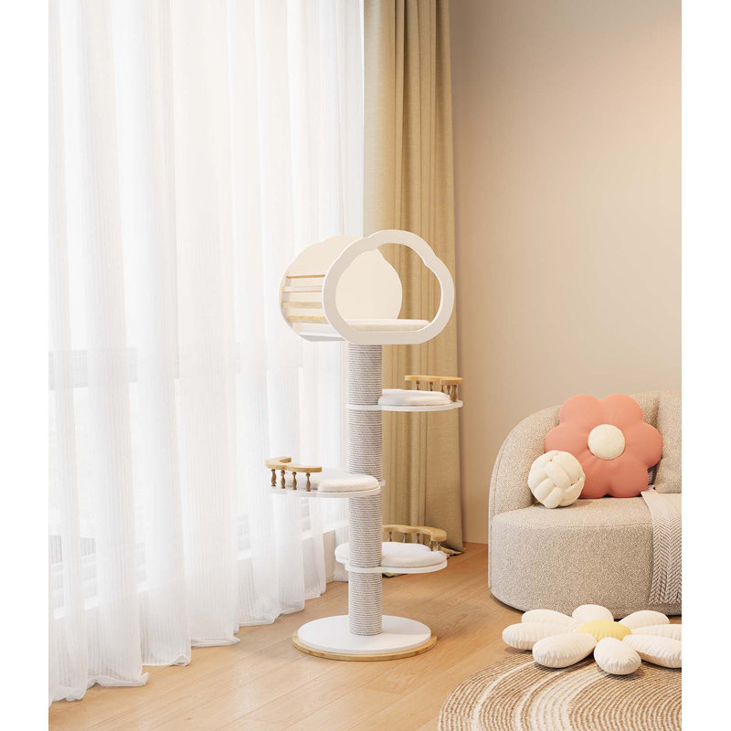 Mewzoom 54" Tall Modern Natural Solid Wooden Cat Tree Tower Scratching Posts for Large Cats, White