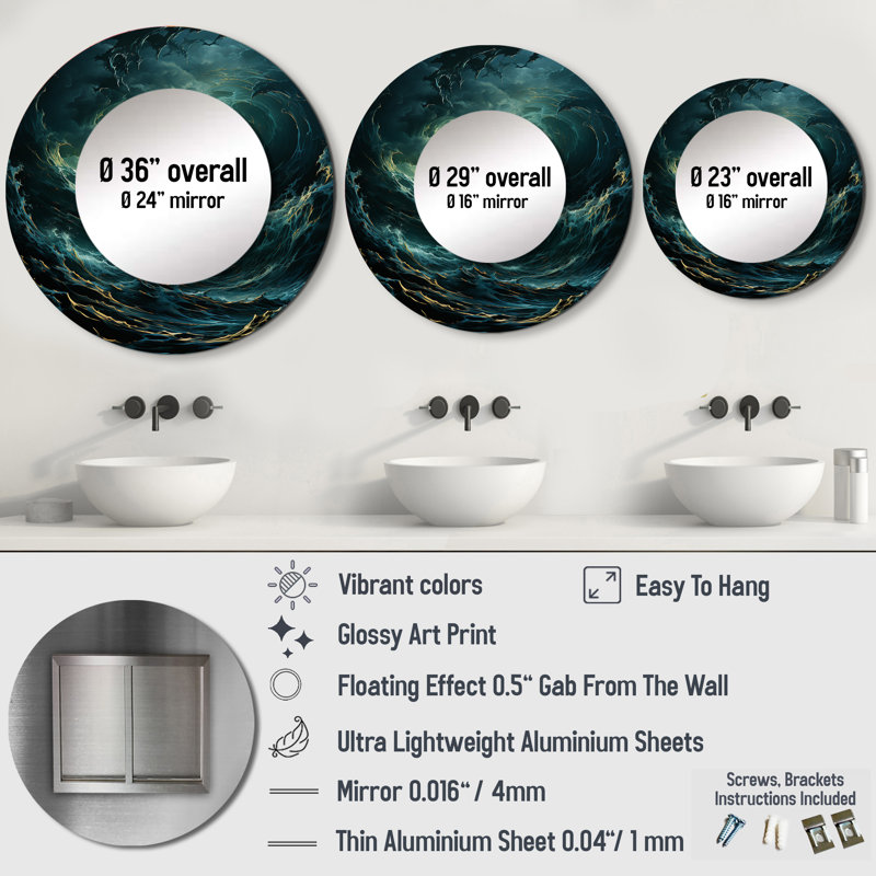 Blue Fury Waves Spiral - miroir mural abstrait en spirale, miroir décoratif rond moderne, impression d'art en métal