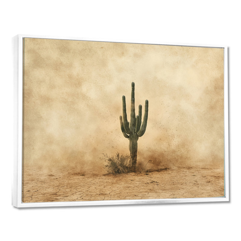 Cactus tempête de sable III - cactus, décoration murale, H 34 po x l 44 po, Avec cadre, Blanc