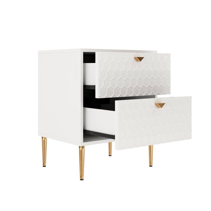 24.4" Tall 2-Drawer High Gloss Nightstand, White