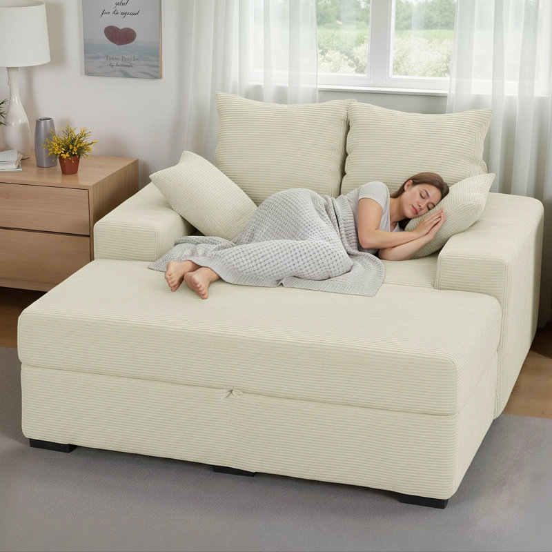 Chaise longue surdimensionnée 57 po en velours côtelé de luxe avec repose-pieds avec rangement, 2 coussins, Beige