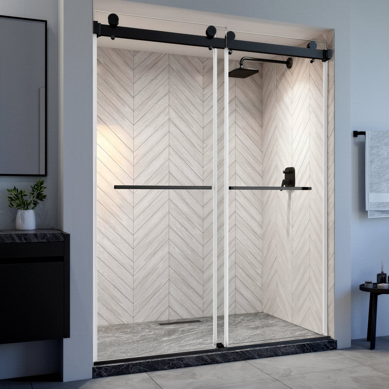 56-60"w X 78 " H Double Sliding Frameless Shower Door With Sgcc Certified 3/8“ Tempered Glass with Explosion-Proof Film Matte Black