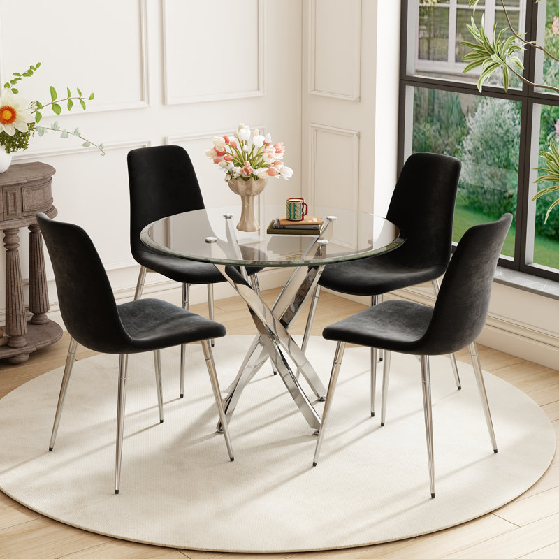 5 - Piece Glass Top Pedestal Dining Set, Silver, Black/Silver