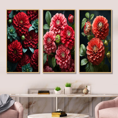 Red Zinnias Blooms I - ensemble de 3 décorations murales fleurs rouges