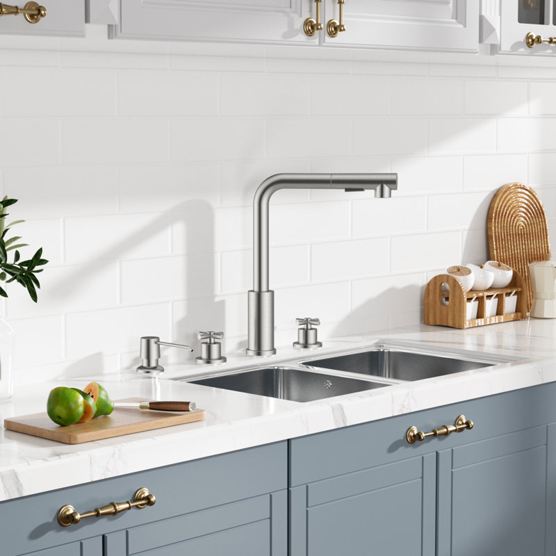 Robinet de cuisine rétractable à 2 poignées avec distributeur de savon, Nickel brossé