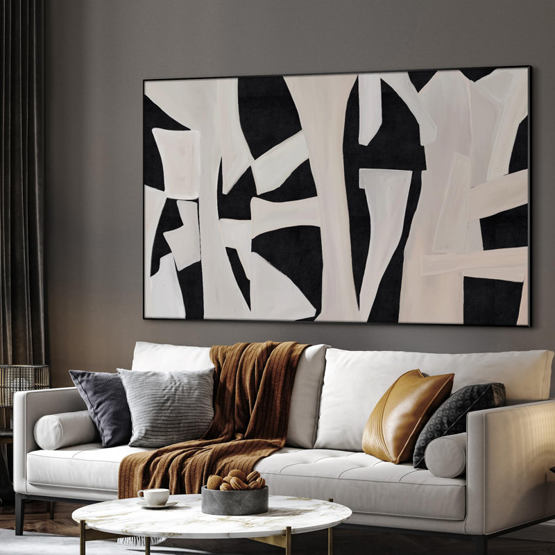 Extra Large Wall Art Fabric Print - Black Cutout Abstract Bold Collage Look Illustration Artwork Decor for Living Room or Bedroom - "Frame Assembly Required (Unfinished Frame)"