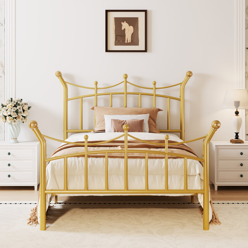 Retro Style Teen Girls Dream Crown Shaped Metal Platform Bed, No Box Spring Needed, Gold, Twin