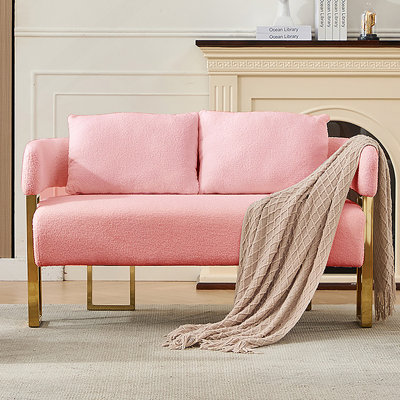 Luxurious Teddy Fleece Upholstered Chair With Golden Metal Legs,  For Living Rooms And Office Spaces