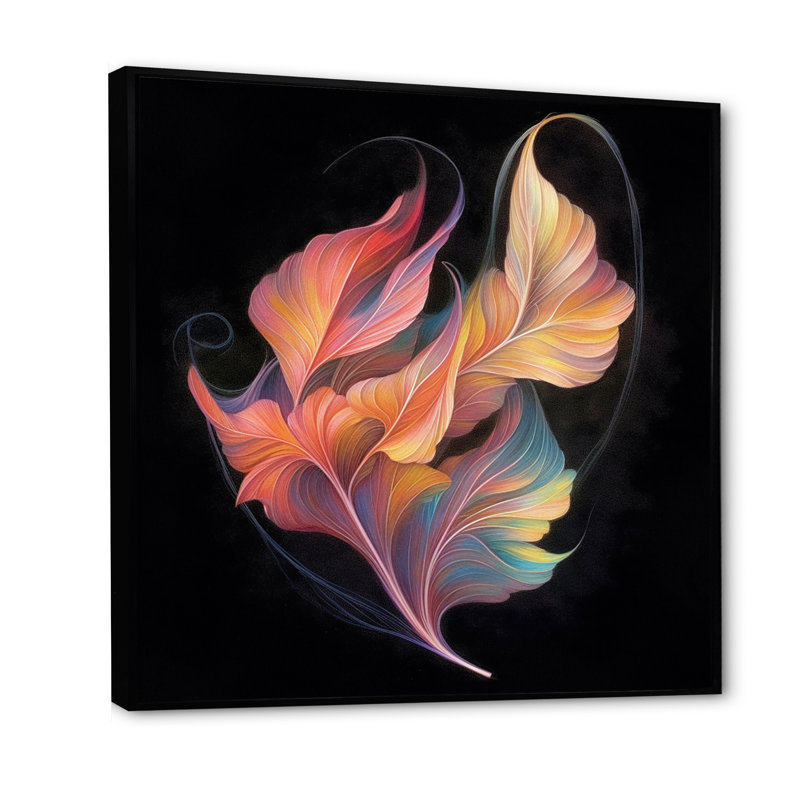 Iridiscent Leaf Minimal Botanical on Black - reproduction sur toile, H 36 po x l 36 po x P 1,5 po, Cadre flottant noir