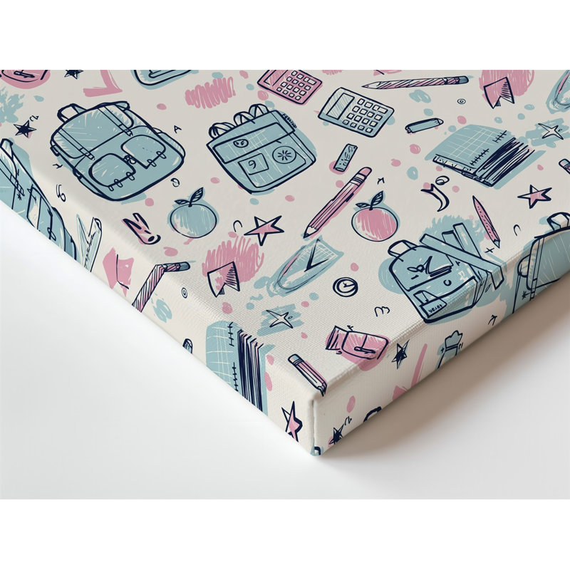 La toile crée un motif sans couture avec une variété de Doodles à thème éducatif, y compris des fournitures scolaires comme des sacs à dos, art mural