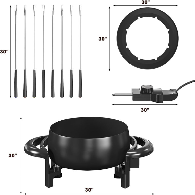 Ensemble de casseroles à fondue électriques 3 pintes, 16,14 x 8,66 x 5,43 po, aluminium, 1 pièce, fondue, noir, 8 fourchettes à code de couleur