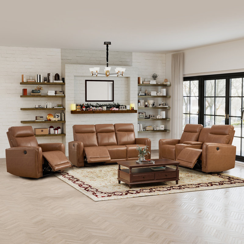 3-Piece Modern Top-Grain Leather Power Reclining Living Room Set: Electric Recliner Chair + Loveseat +Sofa With Console And Type-C & USB