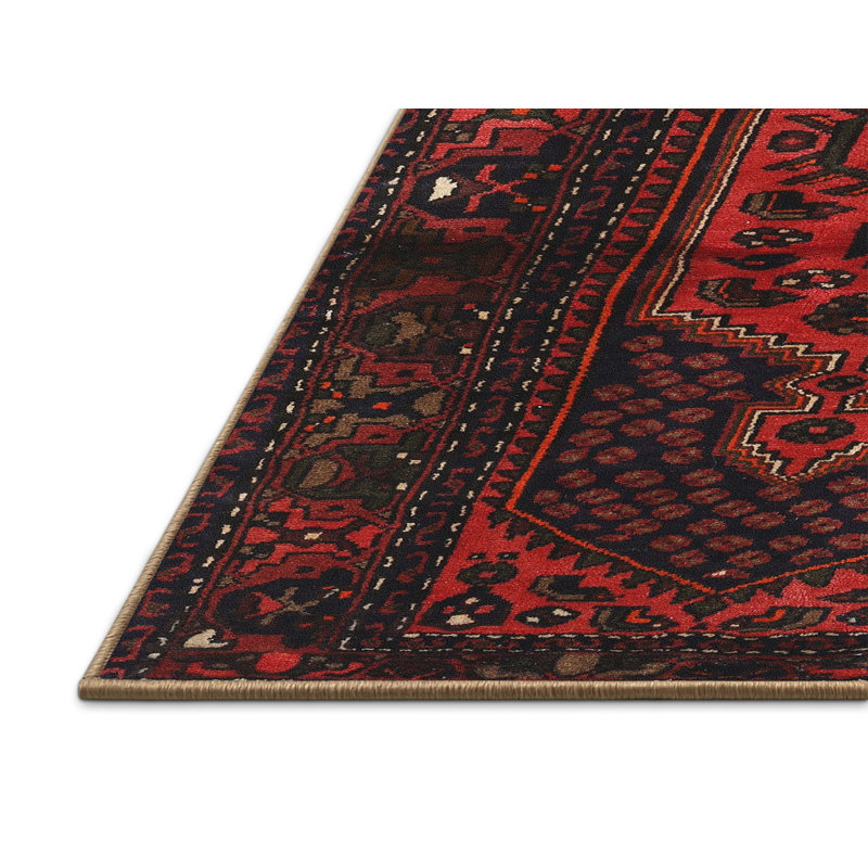 Tapis oriental en laine / polyester tissé à la machine à motif oriental beige / noir / rouge, Rectangle 7 pi x 9 pi
