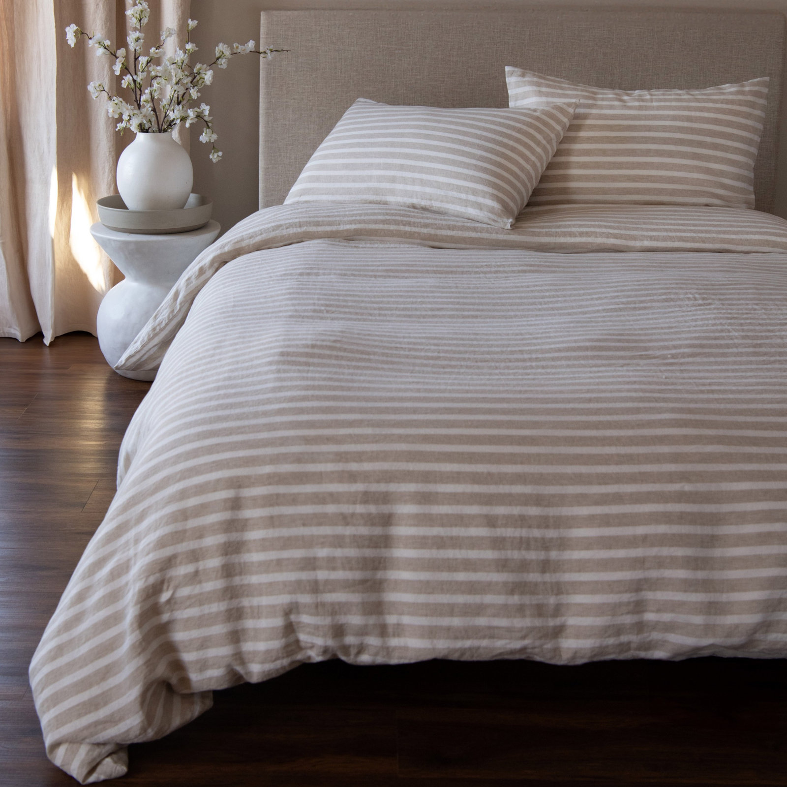 French Linen Duvet Cover Set, Twin Duvet Cover + 1 Standard Pillow Sham, Putty & Cream Stripe