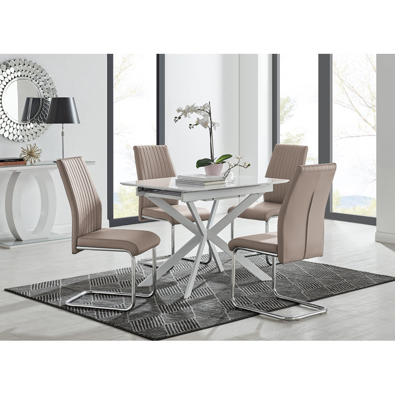 Eubanks Modern High Gloss Extendable Dining Table Set with x4 Luxury Faux Leather Dining Chairs, Cappuccino