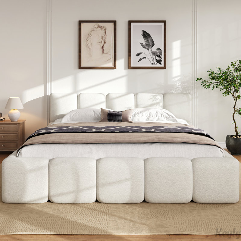 Upholstery Grounded Beds with Boucle Thick Headboard, King