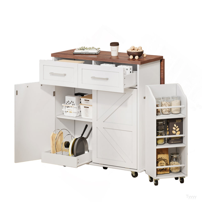 47.2" Farmhouse Kitchen Island With Drop Leaf, Kitchen Storage Island With Removable Side Racks, Two Drawers, Rolling Kitchen Cart On Wheels With Towel Rack, For Home, Kitchen, Dining Room