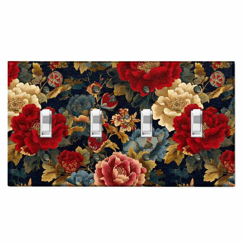 Metal Light Switch Plate Cover; US Standard Size 2 Gang Toggle - Elegant Peony Flowers, # 4 Quad bascule