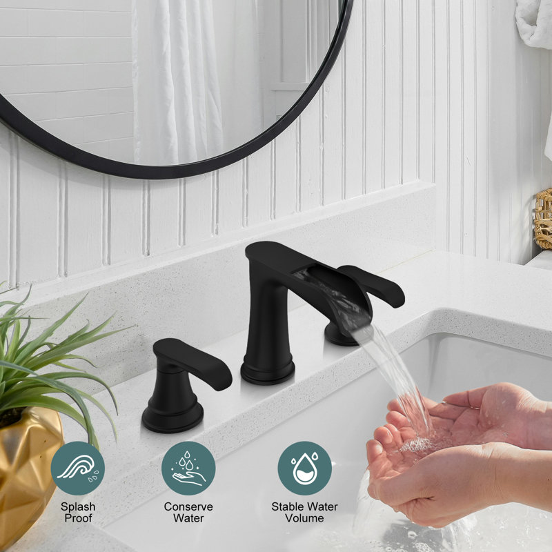 8 po Robinet de salle de bain à 2 poignées Waterfall avec drain escamotable, Noir mat