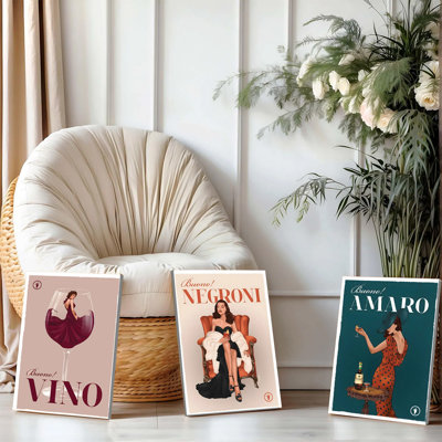 Ensemble de 3 affiches murales encadrées, style vintage italien, sur toile, représentant du vin, du Negroni et de l'Amaro. Décoration murale moderne du milieu du siècle pour la cuisine, le bar, la salle à manger ou le salon. Cadeau esthétique pour les amateurs de vin, idéal pour une pendaison de crémaillère.