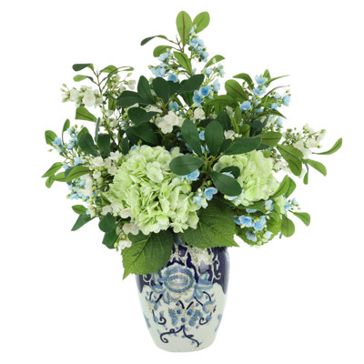 Hydrangeas and Budding Stems in Decorative Vase