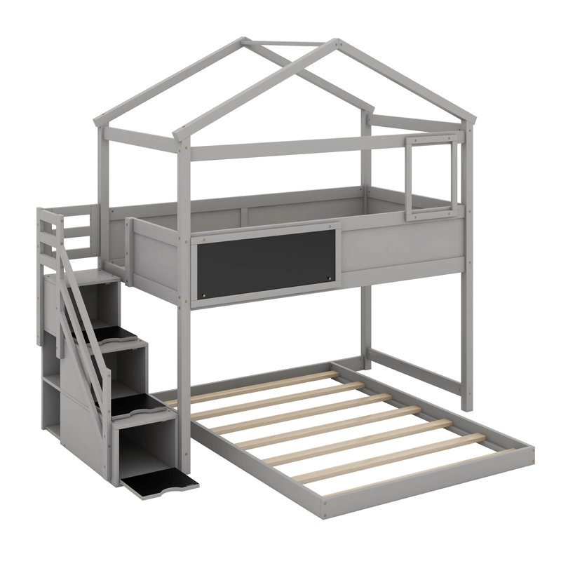 Twin Over Full House Bunk Bed With Blackboard, Gray