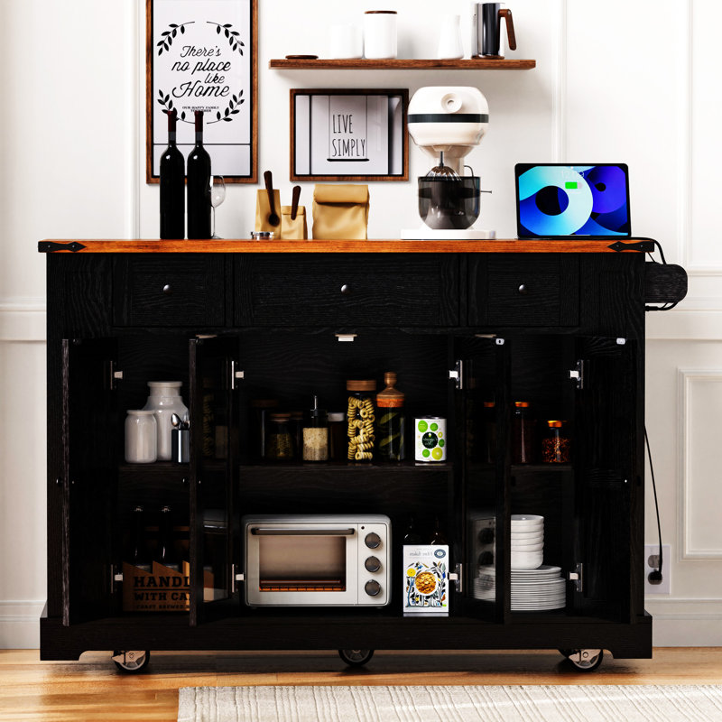 53'' Farmhouse Kitchen Island With Two Tempered Glass Cabinet Doors(No Include Stool), Black