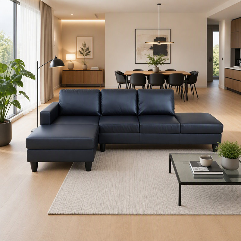 Canapé d'angle en L avec pouf et support à ressorts noués à la main