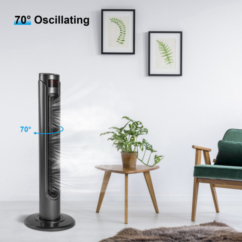 36 Inch High Efficiency Cooling Tower Fan With 3 Speed Settings And 15 Hour Timer, 70 Degree Auto Oscillating With Remote, Standing Fan For Bedroom Home Office