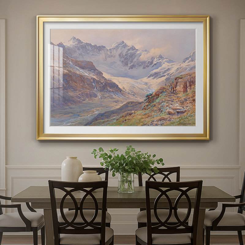 Paysage alpin avec les randonneurs - Edward Theodore Compton - reproduction encadrée avec passe-partout et verre - 1902, Or