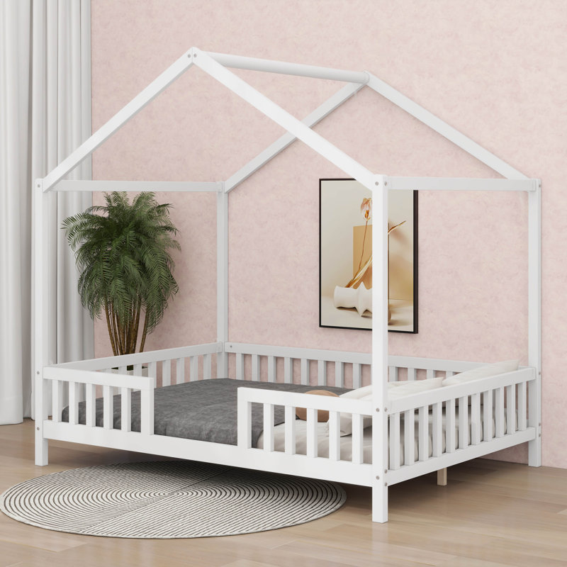 Lit double avec auvent, cadre de lit en forme de maison avec de hautes rampes, toit, Blanc