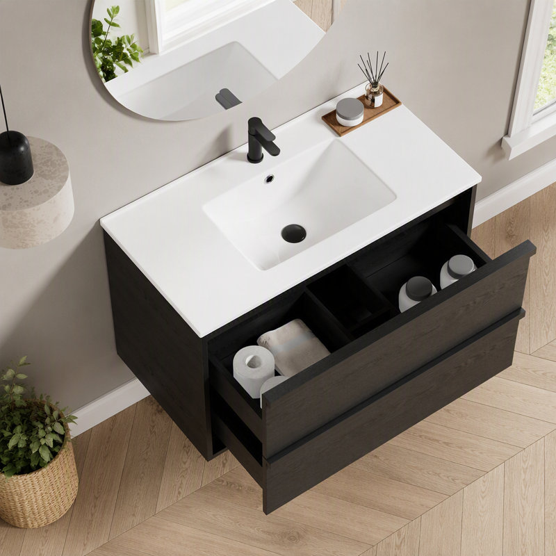 Meuble-lavabo de salle de bain avec lavabo en céramique - Meuble-lavabo mural flottant cannelé avec tiroirs, moderne, Gris
