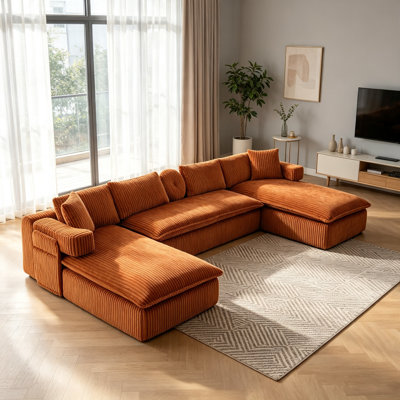 149 Inch Oversized U Shaped Modular Sectional Sofa, 7 In 1 Convertible Design, Deep Seat 6 Seater Couch With Movable Rolled Arms, Corduroy Polyester Upholstery, Side Storage Pocket, No Assembly Required, Orange
