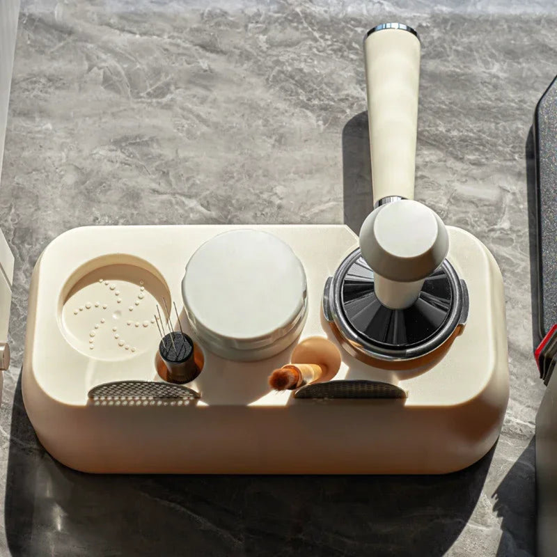 Station de pressage espresso avec porte-filtre - Base stable pour un tassage précis, Beige