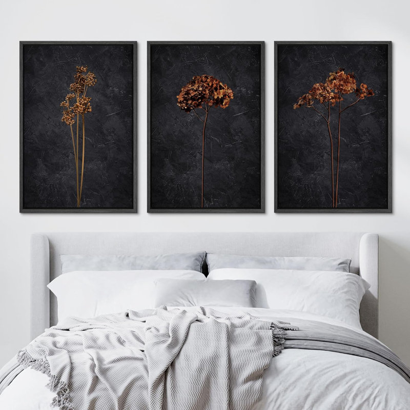 «Grunge Moody Flower Minimalist Floral and Botanical», ensemble de 3 toiles encadrées, H 36 po x l 24 po x P 1,5 po, Noir