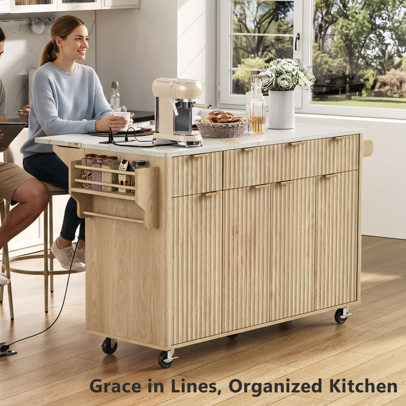 55" Fluted Kitchen Island With Drop Leaf, Natural
