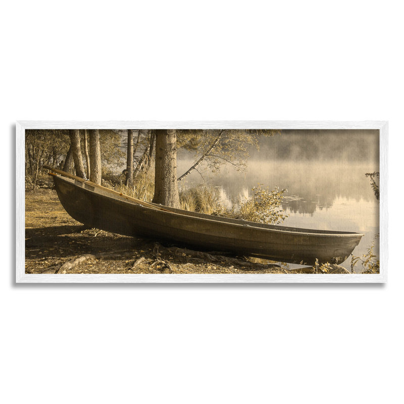«Woodland Lake Shore Canoe», estampe numérique par Lil 'Rue, H 10 po x l 24 po x P 1,5 po, Giclée encadrée blanc bord de mer