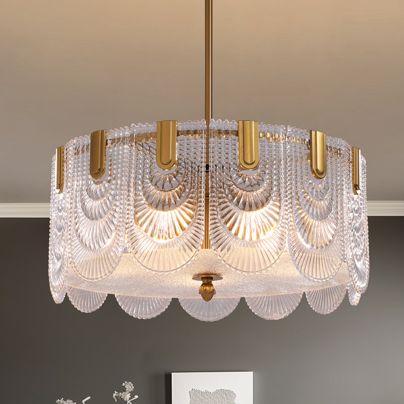 Jorgea 20'' Modern Gold Glass Drum Chandelier, 5-Light Luxury Dimmable Dining Room Ceiling Light