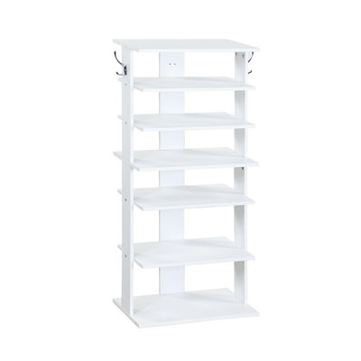 Vertical Shoe Tower 7 Tier White With Hooks For Utilizing Balcony Space Organizer Particle Board Storing Sneakers Sandals And Boots