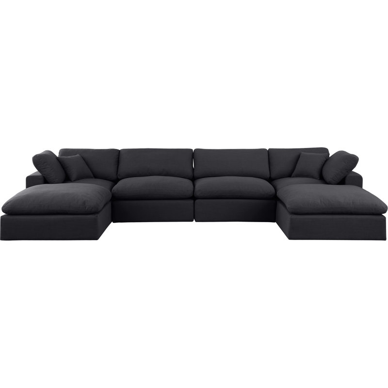 Canapé modulaire 6 pièces rembourré, Tissu texturé en lin noir