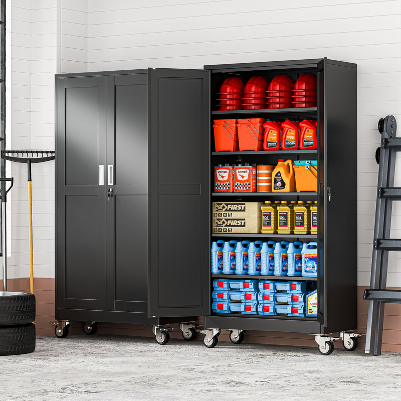 Armoire de rangement en métal 73 pi 72 po avec roulettes et 5 tablettes réglables, 73.62" H x 35.4" W x 17.7" D, Noir