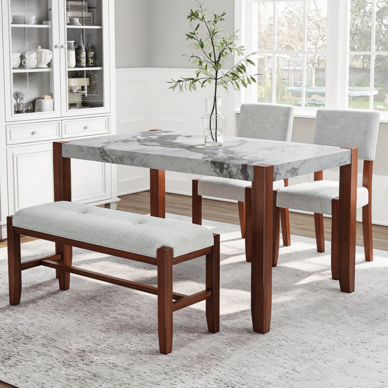 Ensemble de salle à manger 4 pièces avec 1 table, 2 chaises rembourrées et 1 banc, Brun et beige