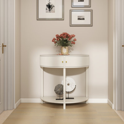 Table d'appoint blanche crème à motif ondulé avec tiroirs de rangement pour salon, finition demi-lune, tiroirs 3D, tablette inférieure, entrée.