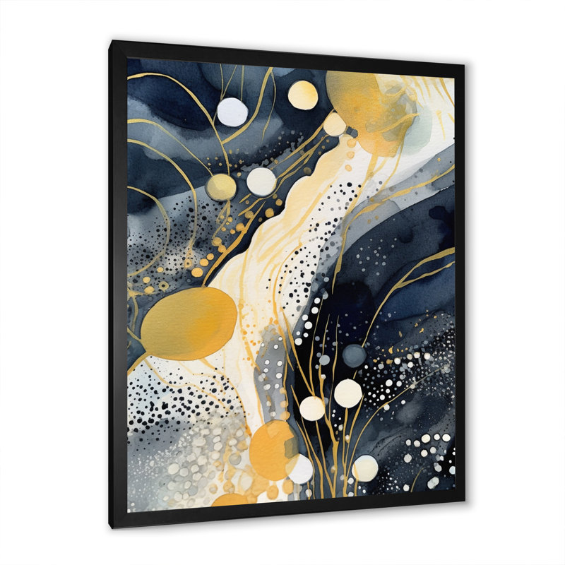 Abstrait pastel avec taches bleues noires et dorées sur toile, Cadre photo noir, H 44 po x l 34 po x P 1,5 po