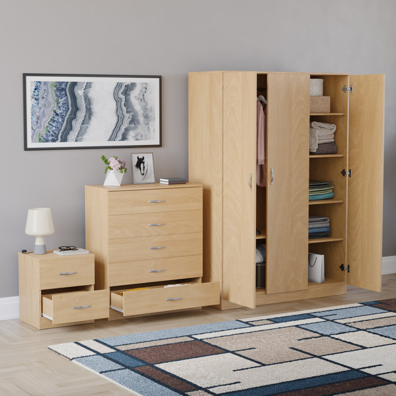 Maybery 3 Piece Bedroom Set (2 Drawer Bedside Chest, 5 Drawer Chest, 3 Door Wardrobe), (5), Pine