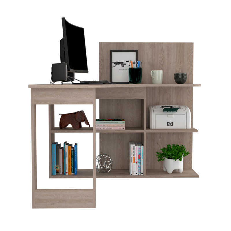 Writing Computer Desk, Five Open Shelves, Gray