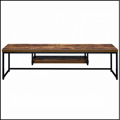 Meuble télé de style industriel avec structure en métal noir, plateau en bois et finition chêne vieilli pour les salons modernes