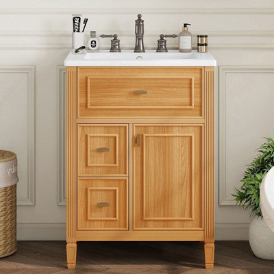 Meuble-lavabo moderne avec lavabo en céramique, plusieurs tiroirs de rangement et tablette réglable