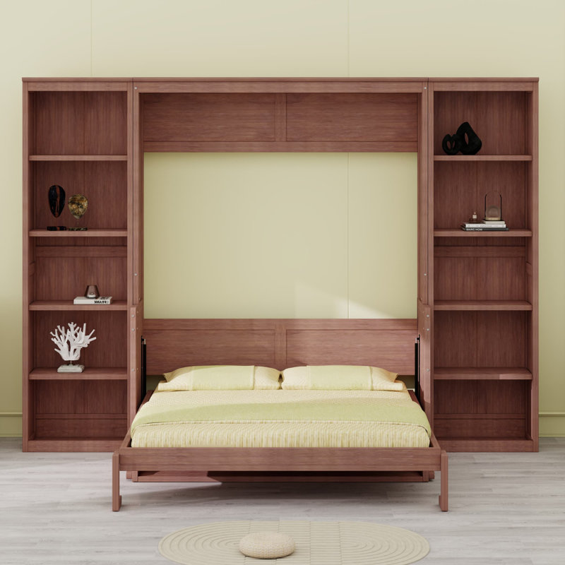 Lit escamotable avec bureau et bibliothèque Murphy, Grand lit, Marron foncé