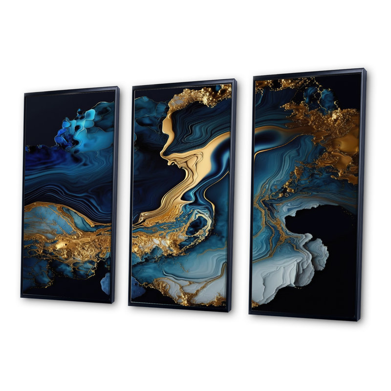 Géode abstraite marbre bleu III - impression de 3 pièces, Noir, H 28 po x l 36 po x P 1 po